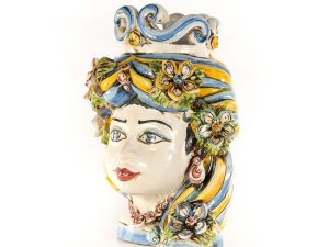 Coppia Testa di Moro con Fiori in Ceramica di Caltagirone