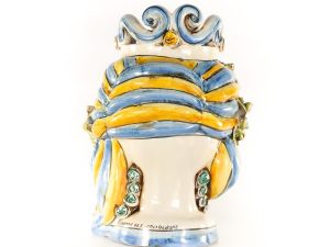 Coppia Testa di Moro con Fiori in Ceramica di Caltagirone